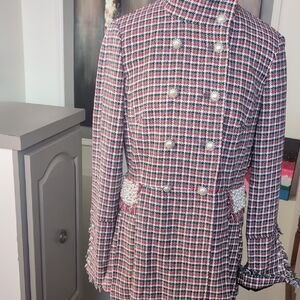 Karl Lagerfeld Red and Black Tweed Blazer With Pearl Accents NWOT